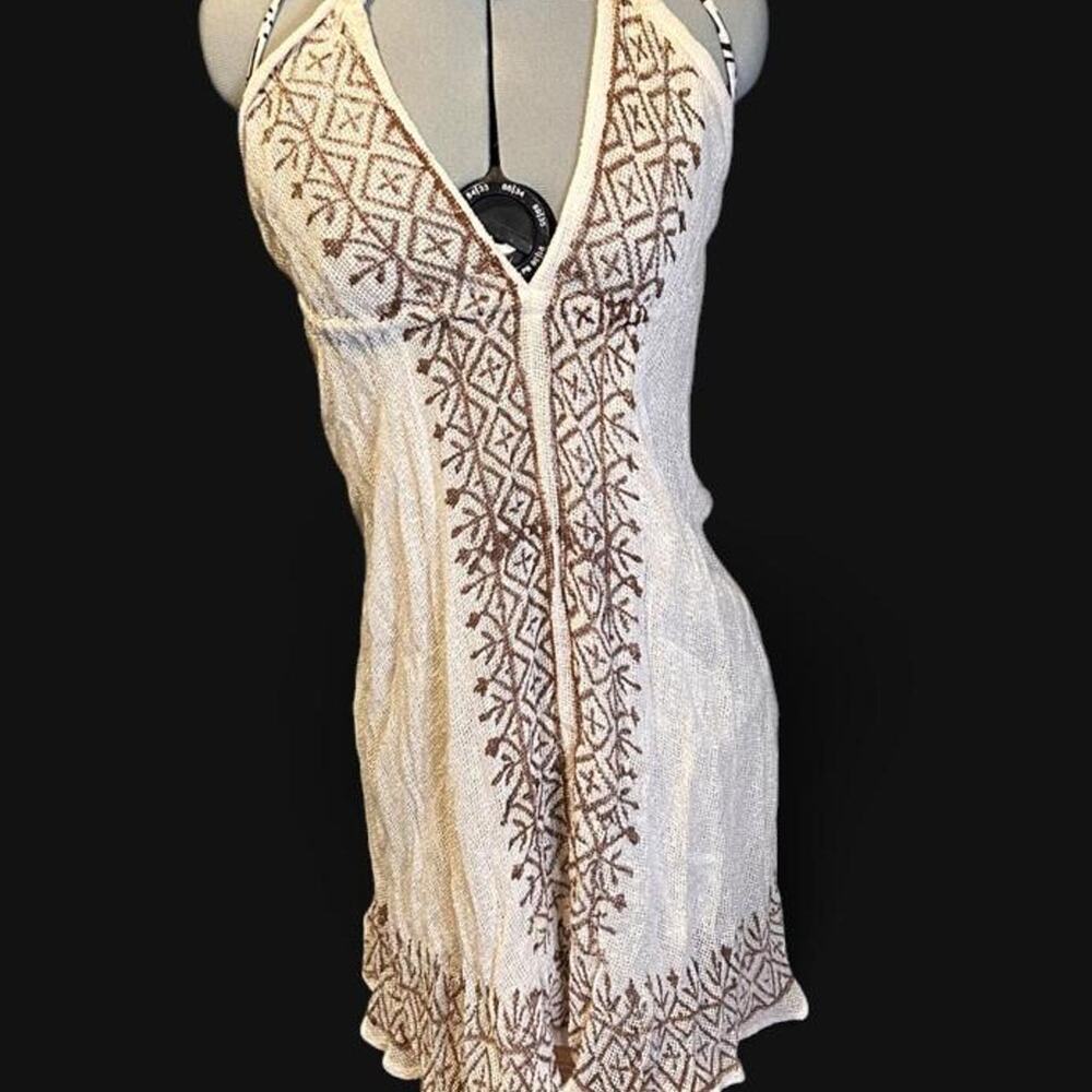 Cream brown embroidered halter dress